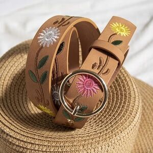 Boho Colorful Flower Embroidery Metal Buckle Everyday Brown Belt - Women’s OS